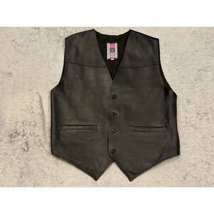 INXS Mens Vintage Black Real Leather Button Front Waistcoat Vest XL